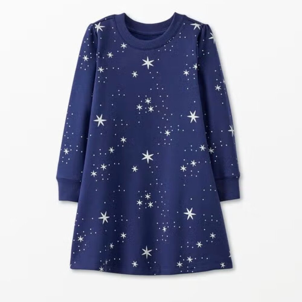 Hanna Andersson Girls Long Sleeve Foil Stars Print Fleece Dress 8